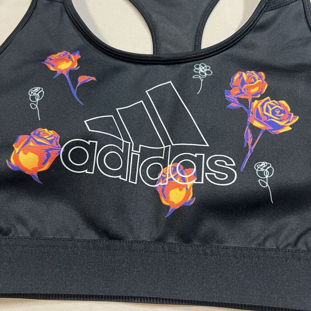 adidas Women's Floral GFX Low Support Sports Bra - Black/Orange Roses Sz L - Picture 2 of 6